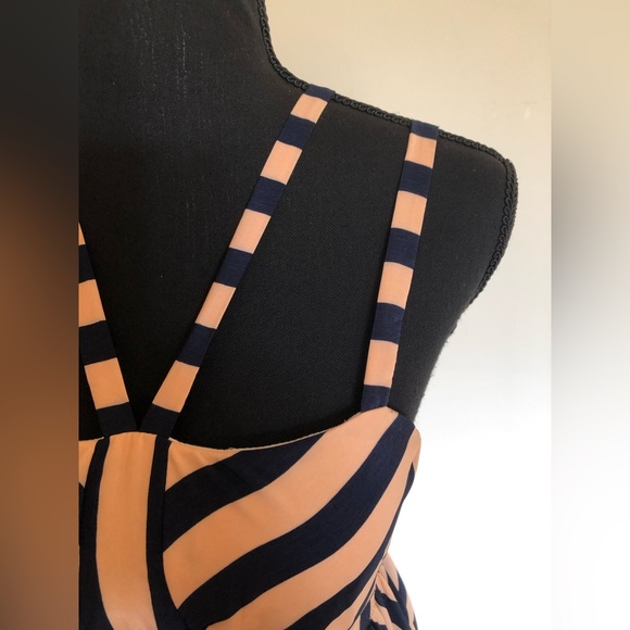 NWT;Sleeveless Dress; 4 Shoulder Straps;Midnight Blue & Rose Beige Line Patterns - Picture 3 of 12